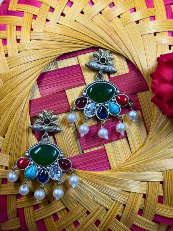 Navratna Pearl Chandbali Earrings