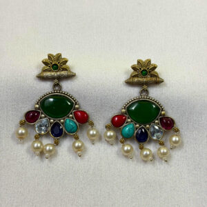 Navratna Pearl Chandbali Earrings