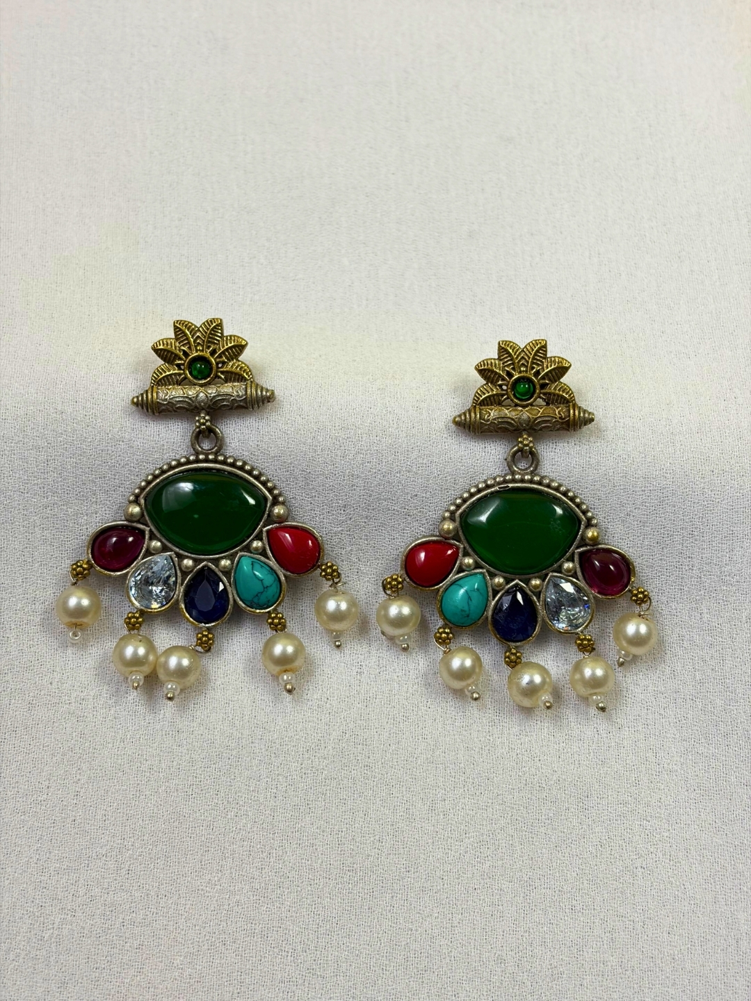 Navratna Pearl Chandbali Earrings