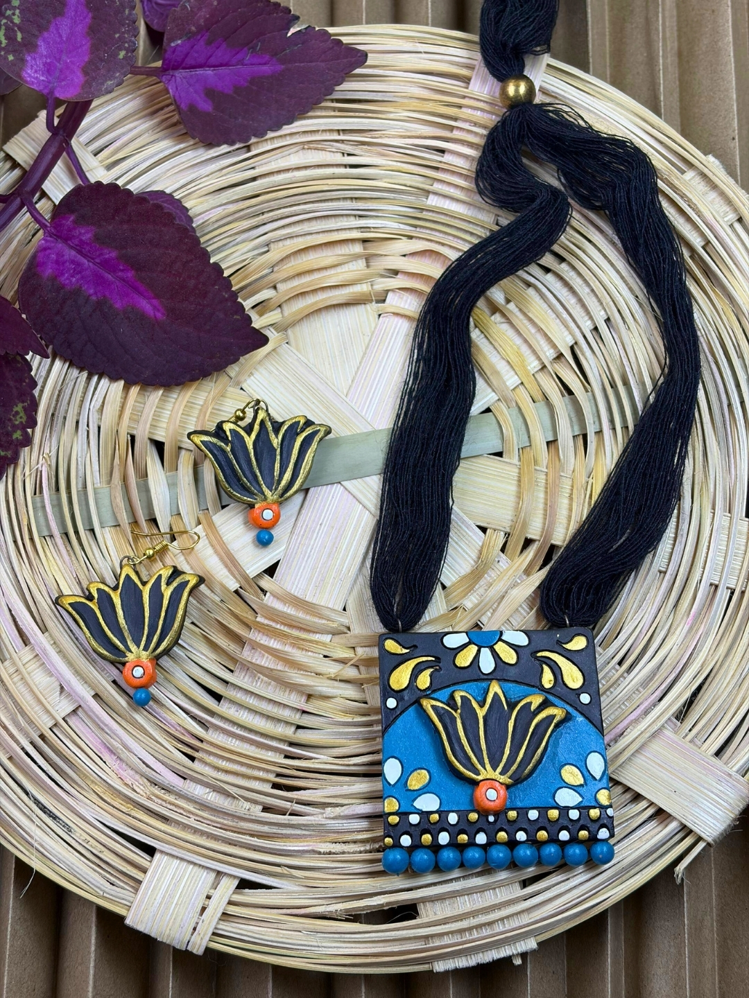 Midnight Lotus Terracotta Necklace Set | Handmade Clay Jewellery | Matee