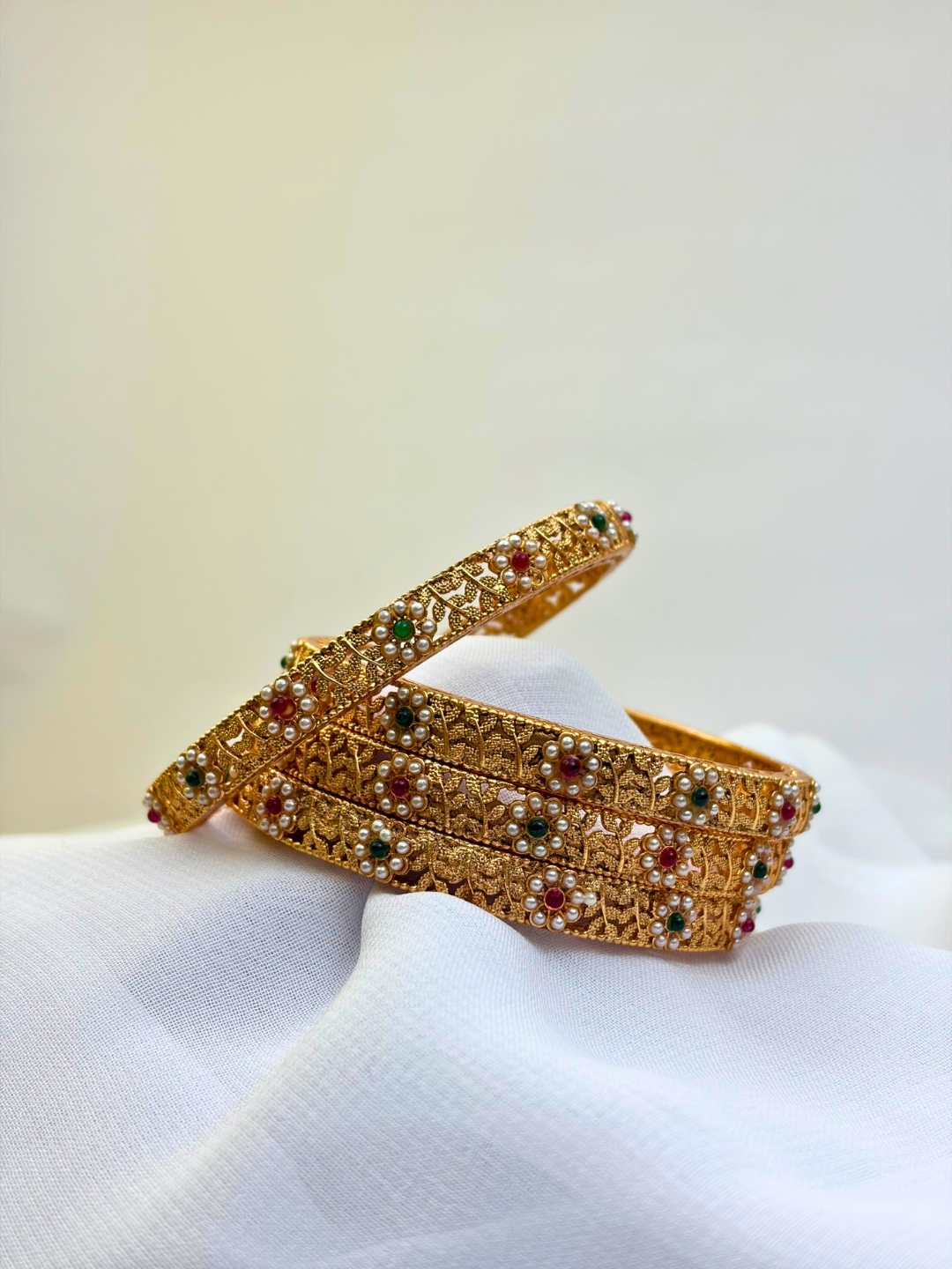 Navya Pearl Floral Filigree Bangles Set