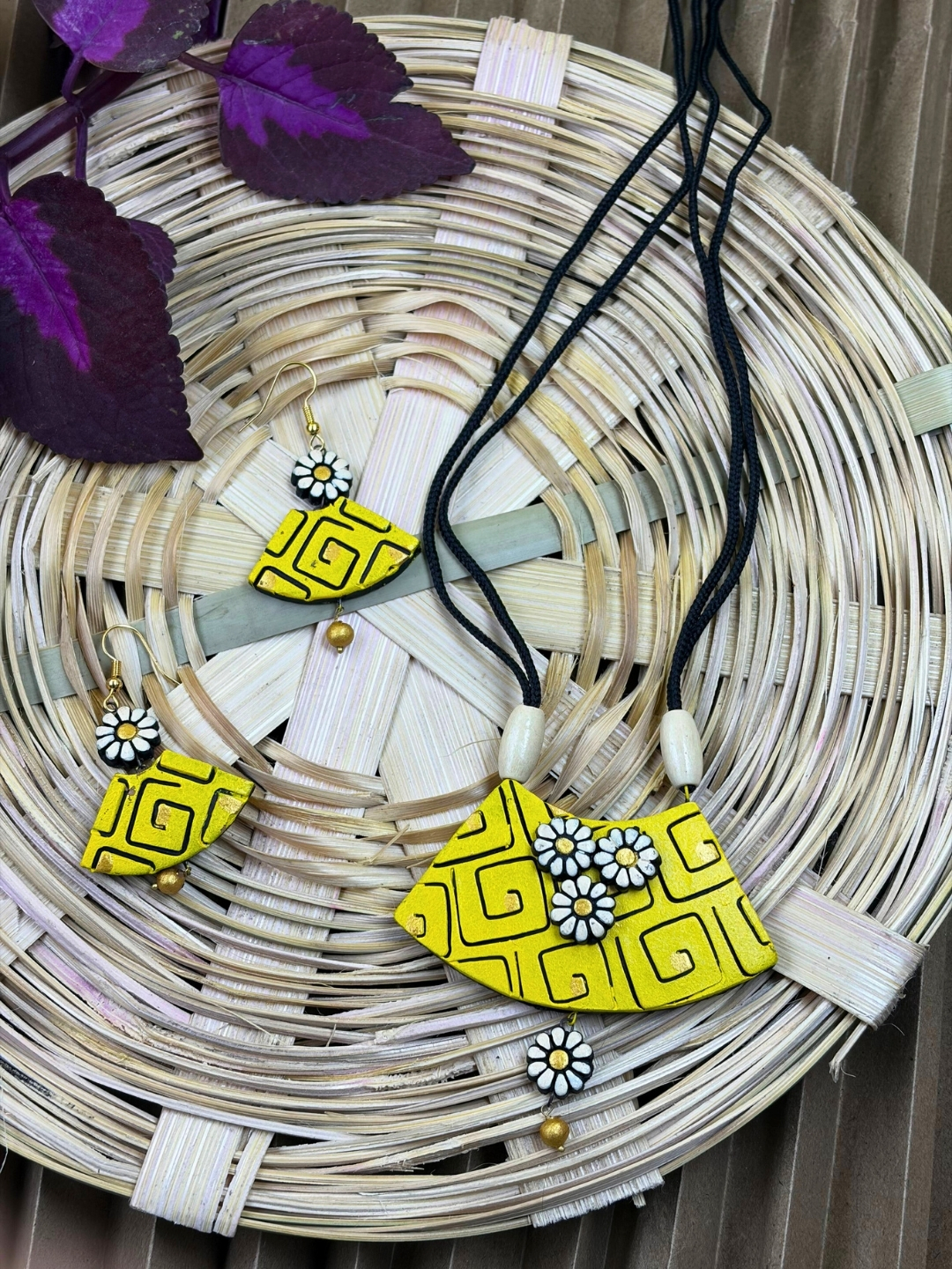 Suramya Bloom Terracotta Necklace Set | Handmade Yellow Floral Clay Jewellery | Matee