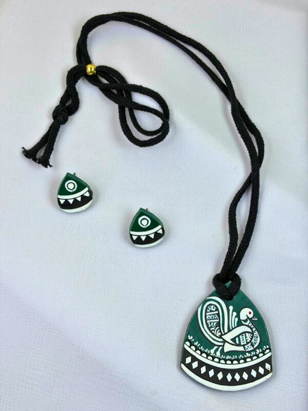 Hansika Vana Terracotta Necklace Set | Handmade Green Bird Motif Clay Jewellery | Matee