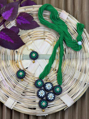 Vanika Shobhita Terracotta Necklace Set | Handmade Green Floral Clay Jewellery for Women | Matee
