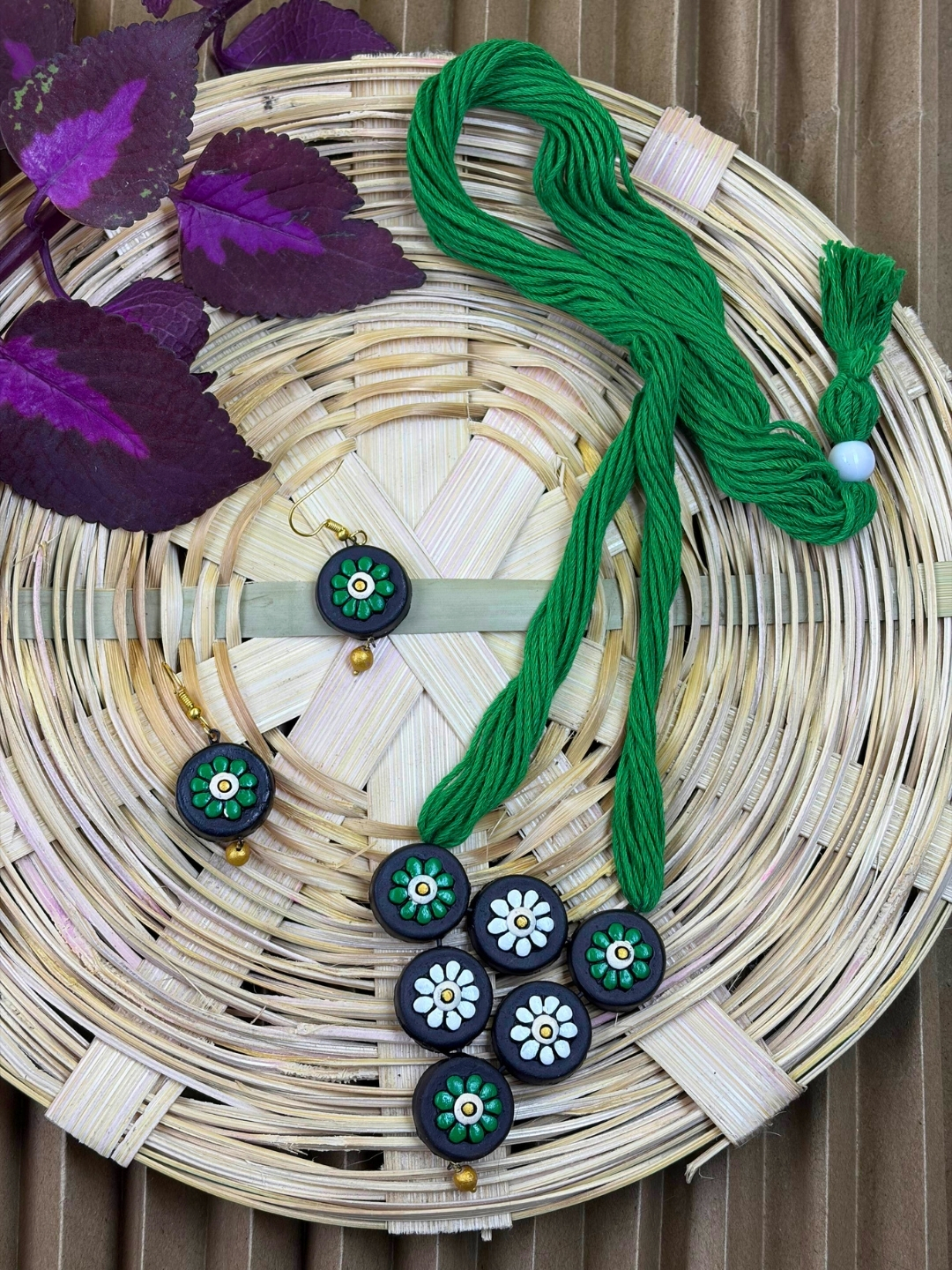 Vanika Shobhita Terracotta Necklace Set | Handmade Green Floral Clay Jewellery for Women | Matee