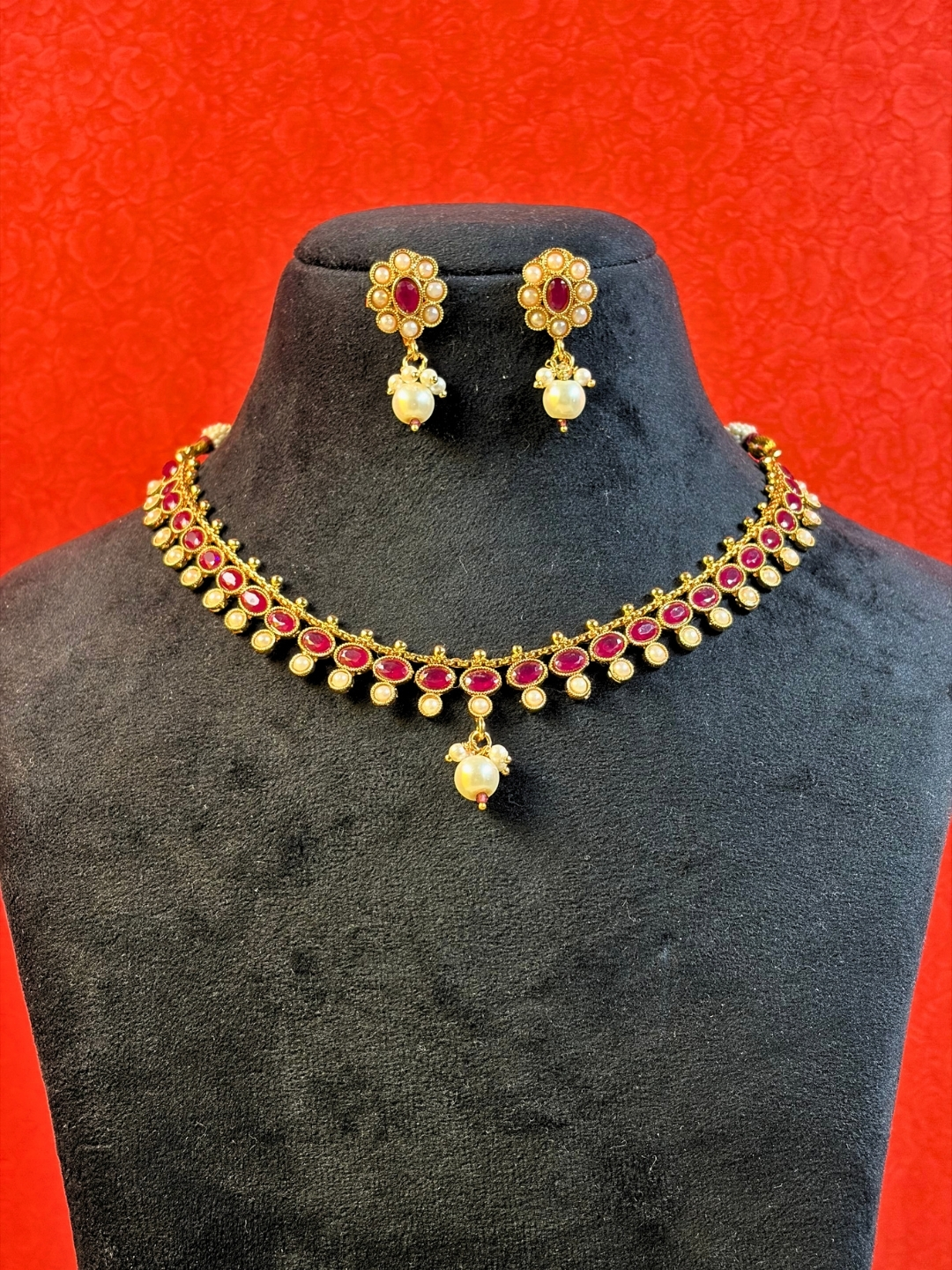 Samantha Ruby Pearl Choker Necklace Set